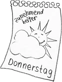 Ein Kalenderblatt mit lachender Sonne, die hinter der Wolke auftaucht mit dem Text: „Donnerstag – zunehmend heiter!“
