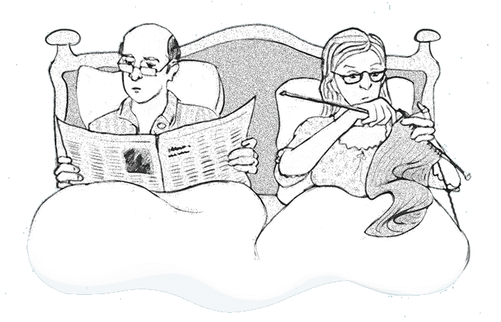 Mann und Frau im Bett lesend und strickend.