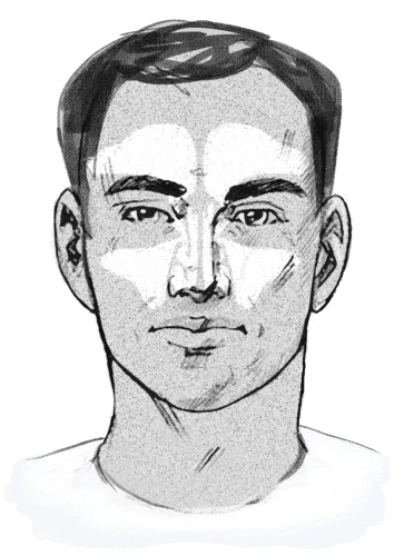 Ein gezeichnetes Porträt eines Mannes mit weiß hervorgehobenen Nasenhöhlen - Anzeichen für Sinusitis