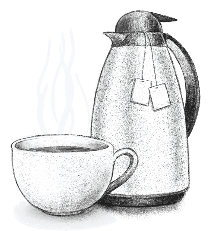 Eine Teekanne mit einer Tasse heißem Tee.