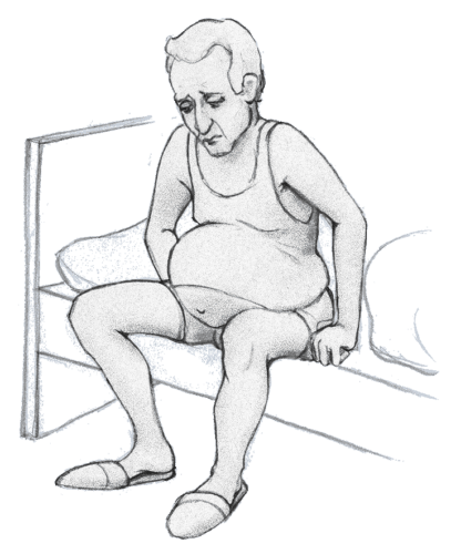 Zeichnung eines traurigen Mannes mit einem ungewöhnlich großen Bauch, der auf der Bettkante sitzt