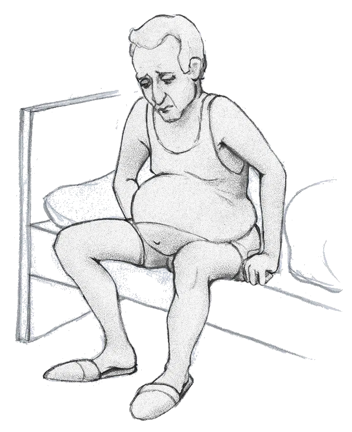 Zeichnung eines traurigen Mannes mit einem ungewöhnlich großen Bauch, der auf der Bettkante sitzt