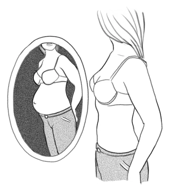 Eine dünne Frau schaut in Spiegel und sieht schwangeren Bauch