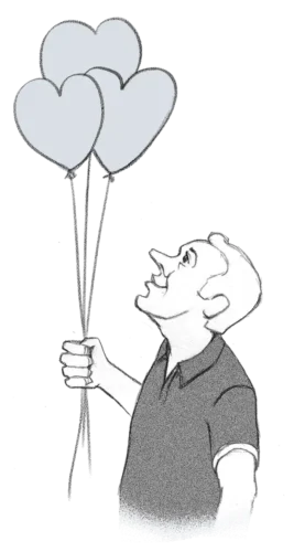 Eine Zeichnung eines Mannes, der 3 Ballons in Herzform hält - Polyamorie? Markus Breitenberger berät Sie gerne.