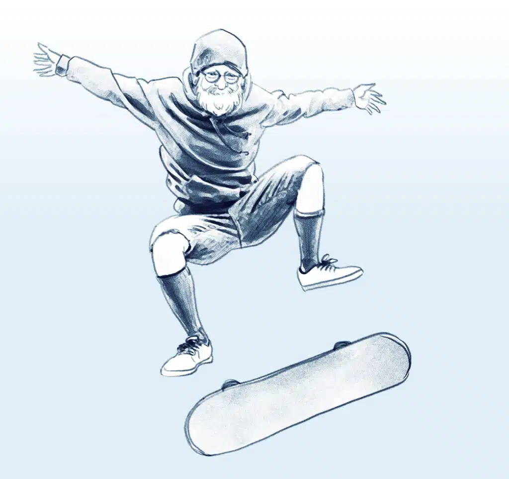 Alter Mann, der auf Skateboard in die Luft springt. Illustration aus der Praxis M. Breitenberger, München