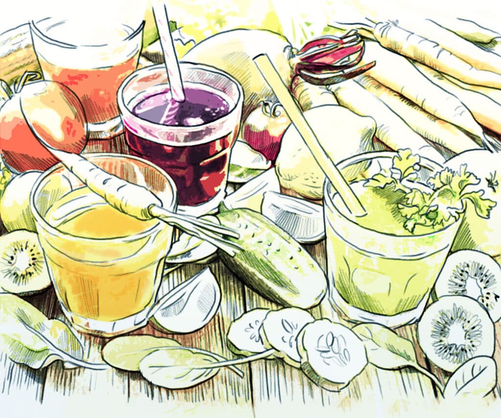 Ein Potpourri aus frischen Gemüsen, Früchten und Säften für eine Detox-Kur. Illustration zum Thema Entgiften aus der Praxis M. Breitenberger, München.