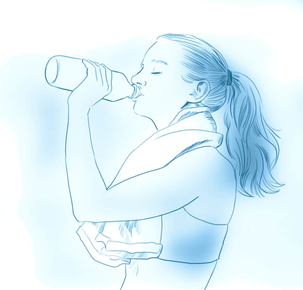 Frau nach Sport mit Handtuch um den Hals trinkt aus Flasche. Illustration zum Thema Entgiften aus der Praxis M. Breitenberger, München.