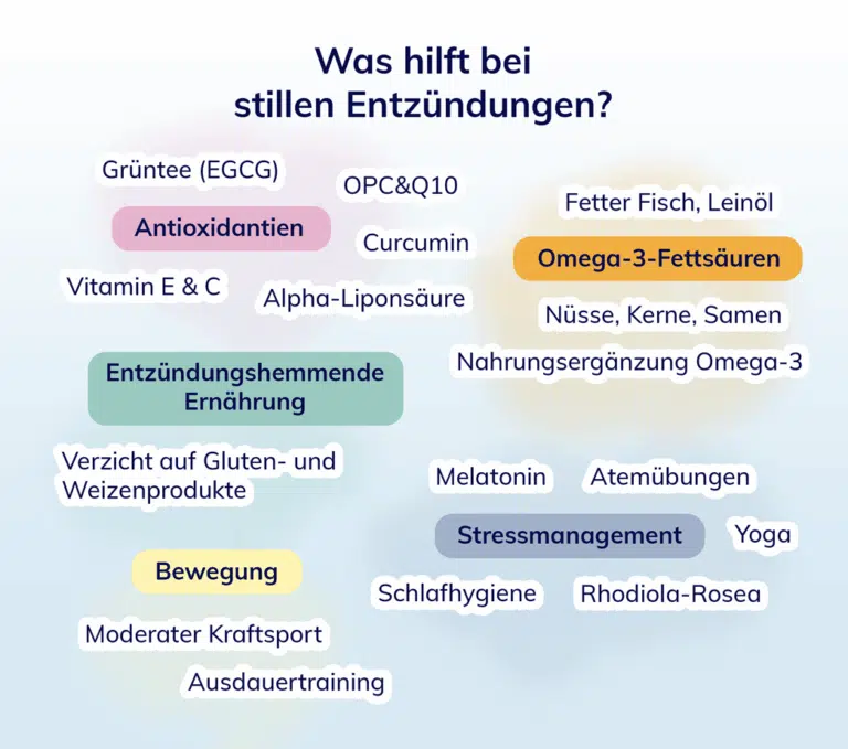 In einer Mindmap sind verschiedene Optionen zur Linderung von Silent Inflammation aufgezeigt. Zum Beispiel Antioxidantien, Bewegung und Stressmanagement. 
